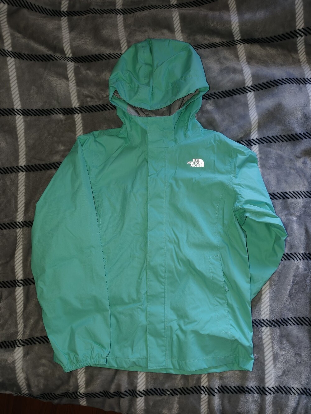The North Face Kids/Girls' Mint Green Hooded Rain Jacket W/ Zip Pockets L 14-16